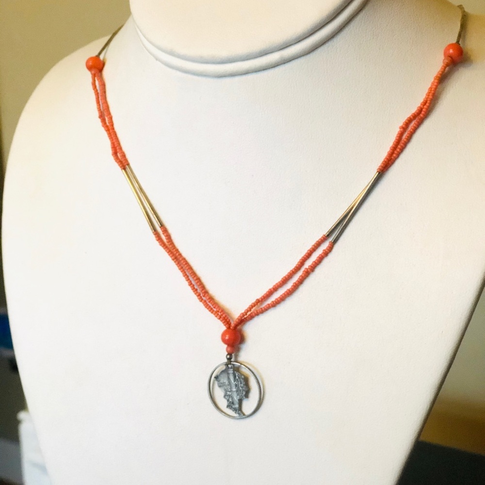 Rare Vintage Silver Mercury Dime Coral Necklace